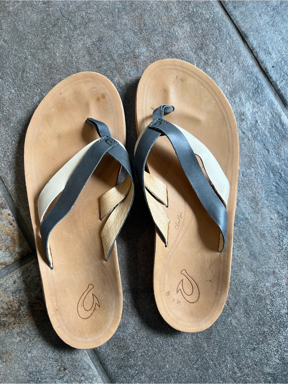 OluKai Tan Footbed with Black and Cream Leather Strap Sandals